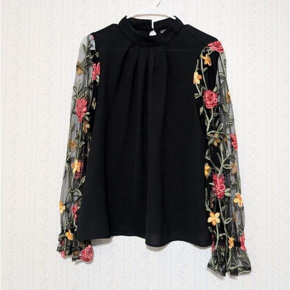 SHEIN Tops - Shein Blouse Women's Size Large Black Floral Statement Sleeves Sheer Embroidered